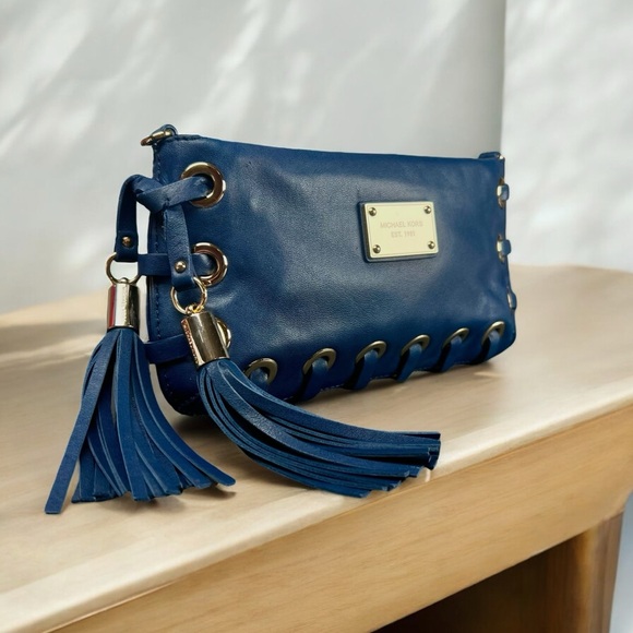 Michael Kors Blue Leather Tassel Grommet Clutch - Picture 1 of 7